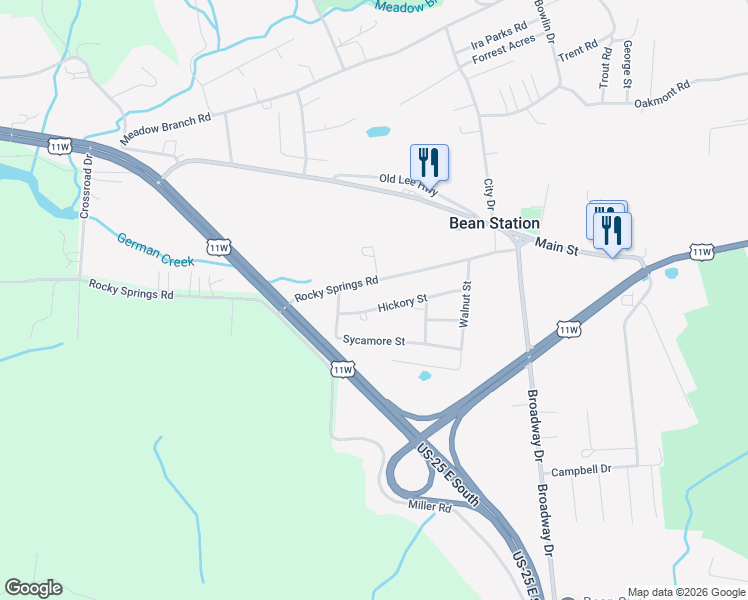 map of restaurants, bars, coffee shops, grocery stores, and more near 275 Hickory Street in Bean Station