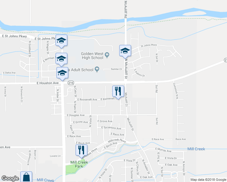 map of restaurants, bars, coffee shops, grocery stores, and more near 3522 East Stewart Court in Visalia