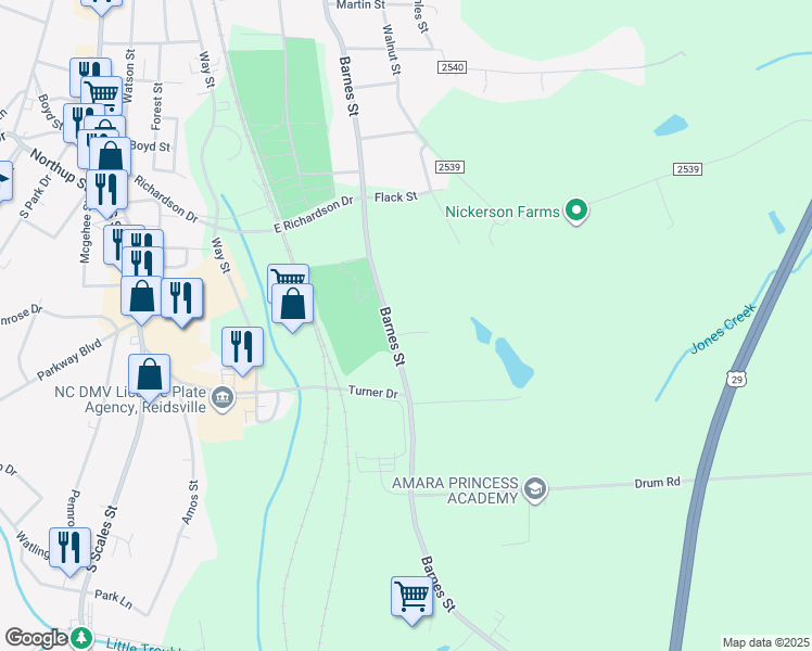 map of restaurants, bars, coffee shops, grocery stores, and more near 1601 Barnes Street in Reidsville