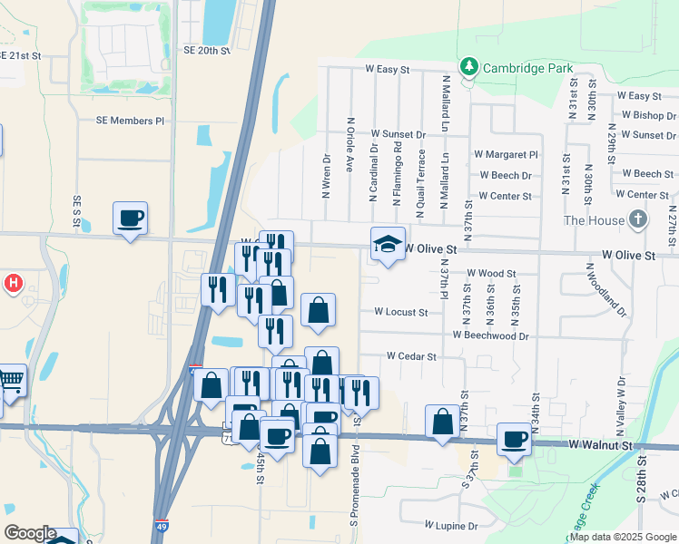 map of restaurants, bars, coffee shops, grocery stores, and more near 514 N 40th St in Rogers