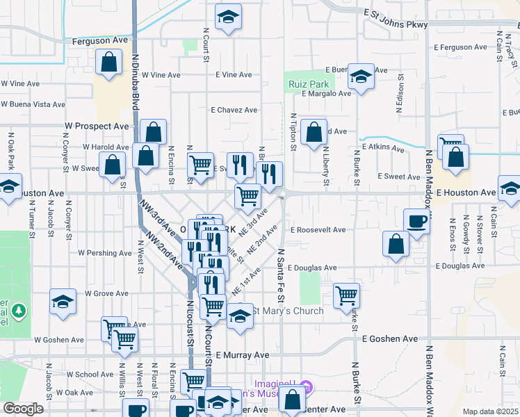 map of restaurants, bars, coffee shops, grocery stores, and more near 314 Northeast 3rd Avenue in Visalia