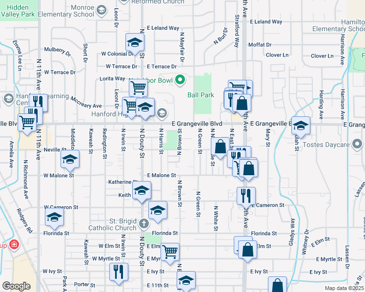 map of restaurants, bars, coffee shops, grocery stores, and more near 1404 North Brown Street in Hanford
