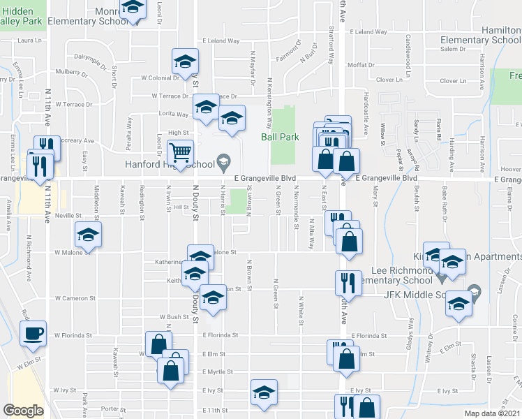 map of restaurants, bars, coffee shops, grocery stores, and more near 1501 North Brown Street in Hanford