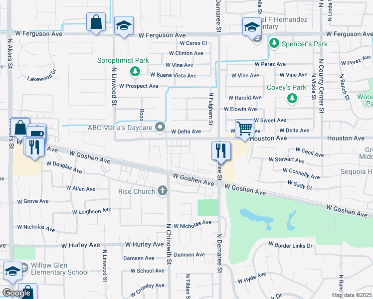 map of restaurants, bars, coffee shops, grocery stores, and more near 3921 West Cecil Avenue in Visalia