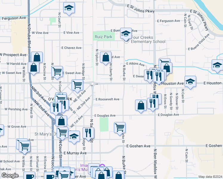 map of restaurants, bars, coffee shops, grocery stores, and more near 723 East Houston Avenue in Visalia