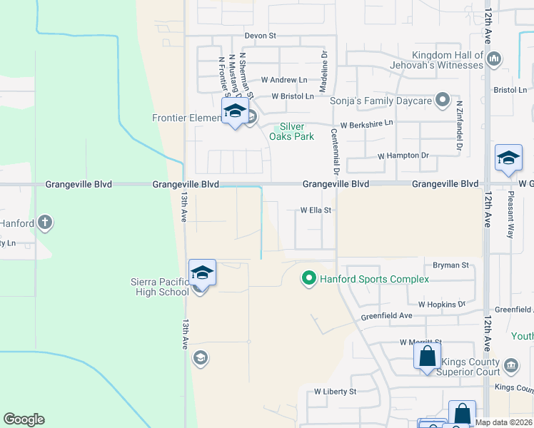 map of restaurants, bars, coffee shops, grocery stores, and more near 12701 Grangeville Boulevard in Hanford