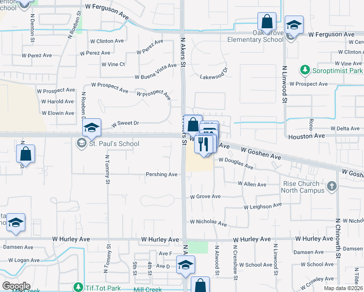 map of restaurants, bars, coffee shops, grocery stores, and more near 1194 North Tamarack Street in Visalia