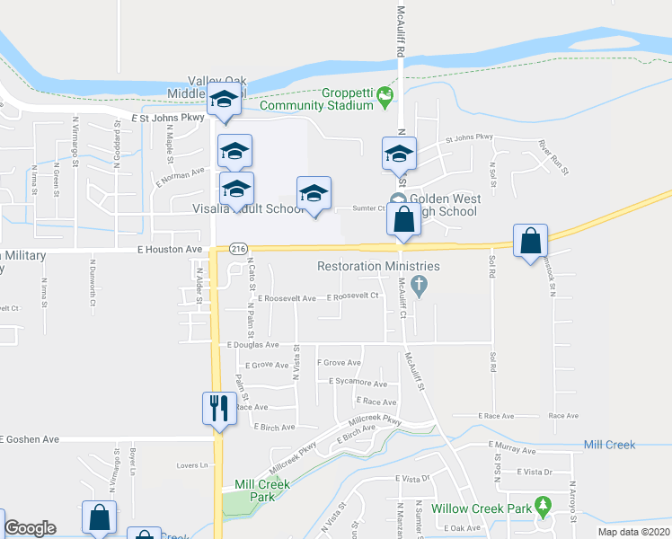 map of restaurants, bars, coffee shops, grocery stores, and more near 1309 North Simon Court in Visalia