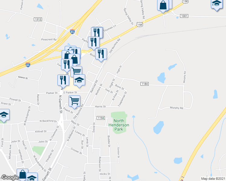 map of restaurants, bars, coffee shops, grocery stores, and more near 421 Ivey Street in Henderson