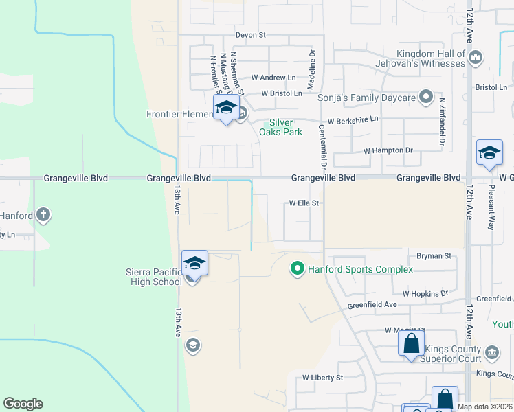 map of restaurants, bars, coffee shops, grocery stores, and more near 12701 Grangeville Boulevard in Hanford