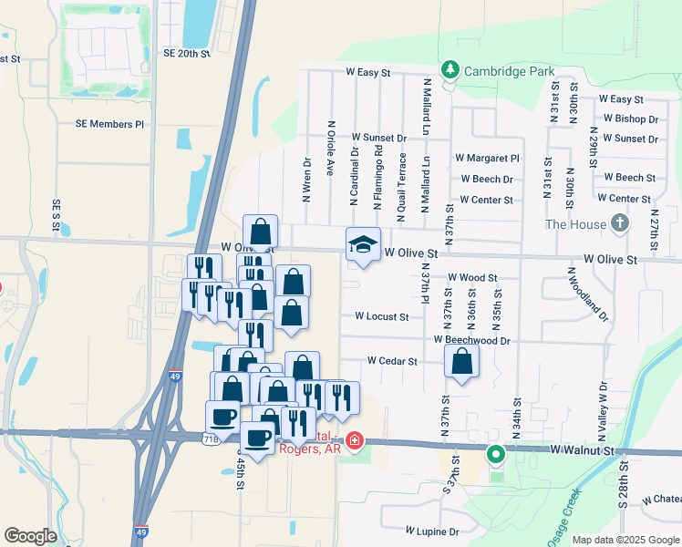 map of restaurants, bars, coffee shops, grocery stores, and more near 3904 West Olive Street in Rogers