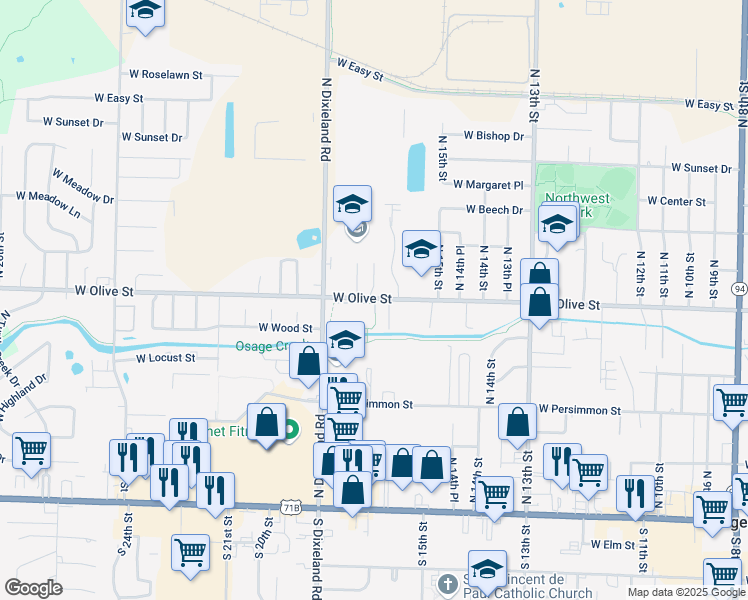 map of restaurants, bars, coffee shops, grocery stores, and more near 1611 West Olive Street in Rogers