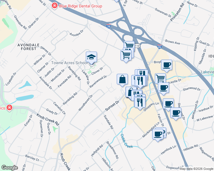 map of restaurants, bars, coffee shops, grocery stores, and more near 500 Woodhaven Drive in Johnson City