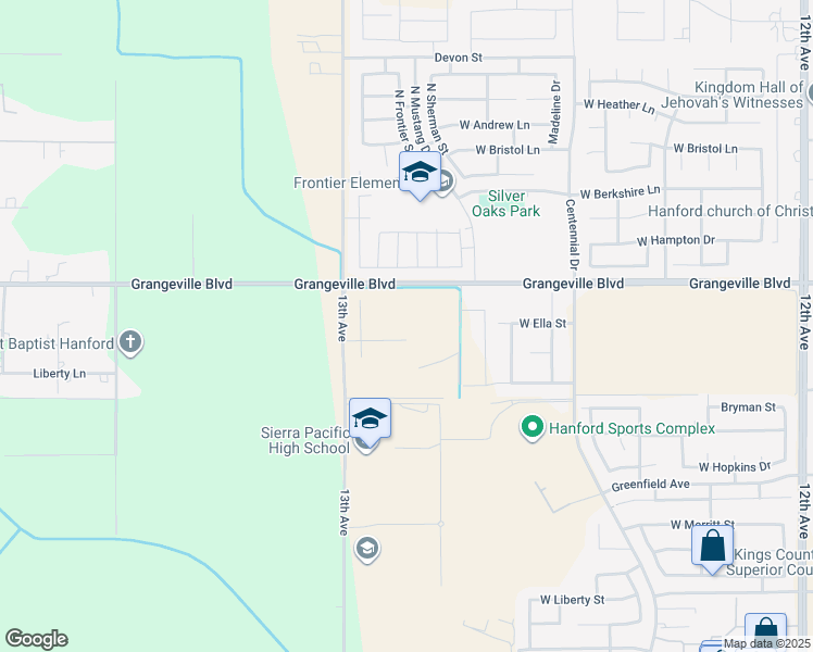 map of restaurants, bars, coffee shops, grocery stores, and more near 12819 Grangeville Boulevard in Hanford
