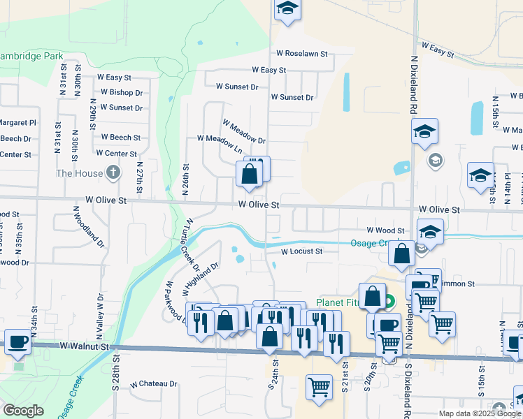 map of restaurants, bars, coffee shops, grocery stores, and more near 706 North 24th Street in Rogers