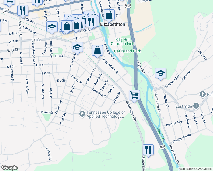 map of restaurants, bars, coffee shops, grocery stores, and more near 709 Tipton Street in Elizabethton
