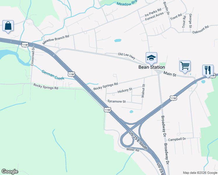 map of restaurants, bars, coffee shops, grocery stores, and more near 107 Sycamore Street in Bean Station