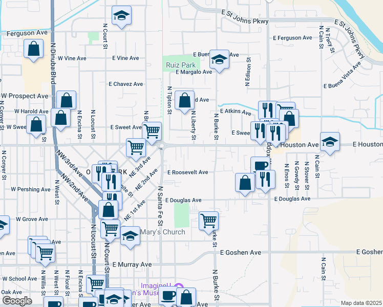 map of restaurants, bars, coffee shops, grocery stores, and more near 624 Ivanhoe Drive in Visalia
