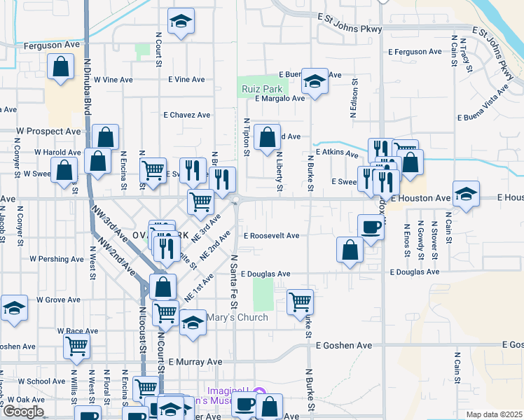 map of restaurants, bars, coffee shops, grocery stores, and more near 624 Ivanhoe Drive in Visalia