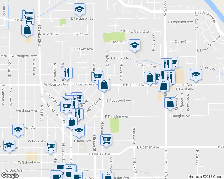 map of restaurants, bars, coffee shops, grocery stores, and more near 624 Ivanhoe Drive in Visalia