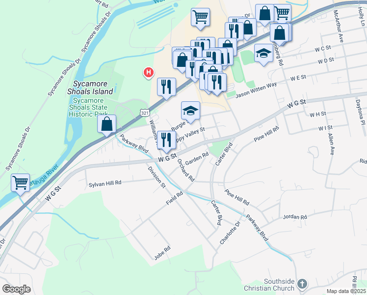 map of restaurants, bars, coffee shops, grocery stores, and more near 1322 Happy Valley Street in Elizabethton