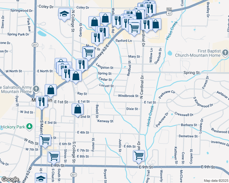 map of restaurants, bars, coffee shops, grocery stores, and more near 801 Blackberry Street in Mountain Home