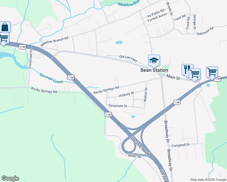 map of restaurants, bars, coffee shops, grocery stores, and more near 107 Sycamore Street in Bean Station