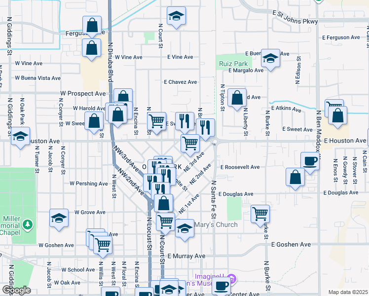 map of restaurants, bars, coffee shops, grocery stores, and more near 312 Northeast 4th Avenue in Visalia