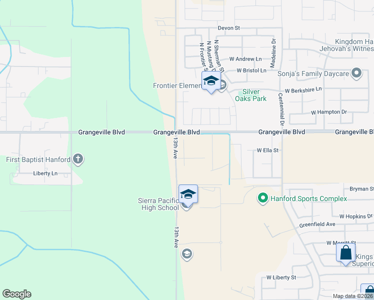 map of restaurants, bars, coffee shops, grocery stores, and more near 12819 Grangeville Boulevard in Hanford