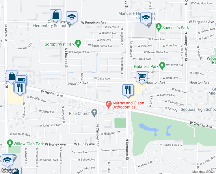 map of restaurants, bars, coffee shops, grocery stores, and more near 3917 West Cecil Avenue in Visalia