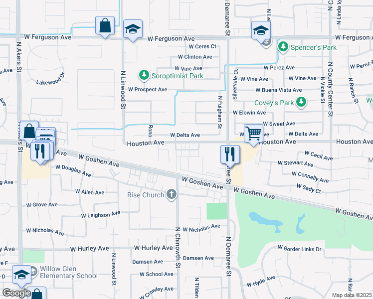 map of restaurants, bars, coffee shops, grocery stores, and more near 4009 West Delta Avenue in Visalia