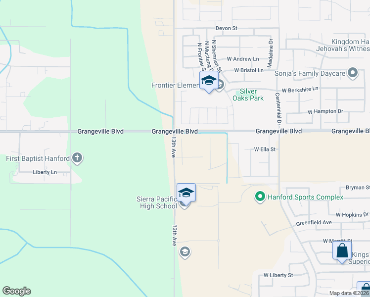 map of restaurants, bars, coffee shops, grocery stores, and more near 12819 Grangeville Boulevard in Hanford