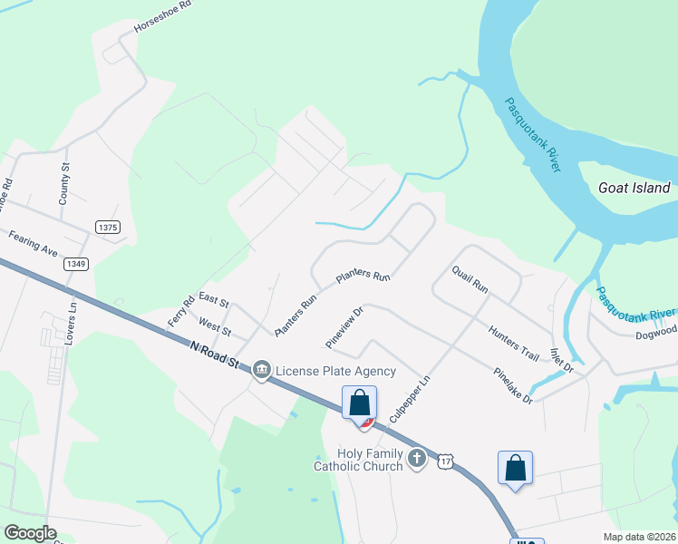 map of restaurants, bars, coffee shops, grocery stores, and more near 205 Planters Run in Elizabeth City