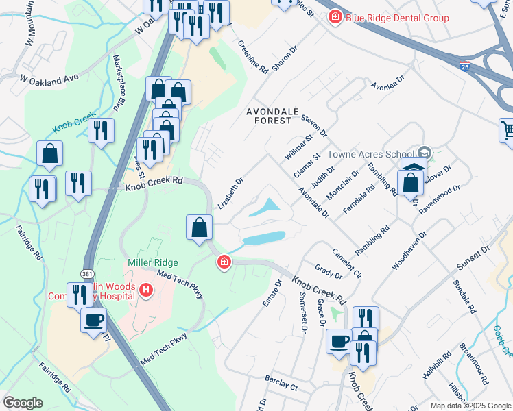 map of restaurants, bars, coffee shops, grocery stores, and more near 1028 Waterbrooke Lane in Johnson City