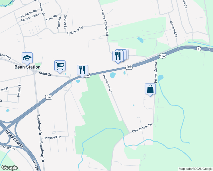 map of restaurants, bars, coffee shops, grocery stores, and more near 170 Huntsman Lane in Bean Station