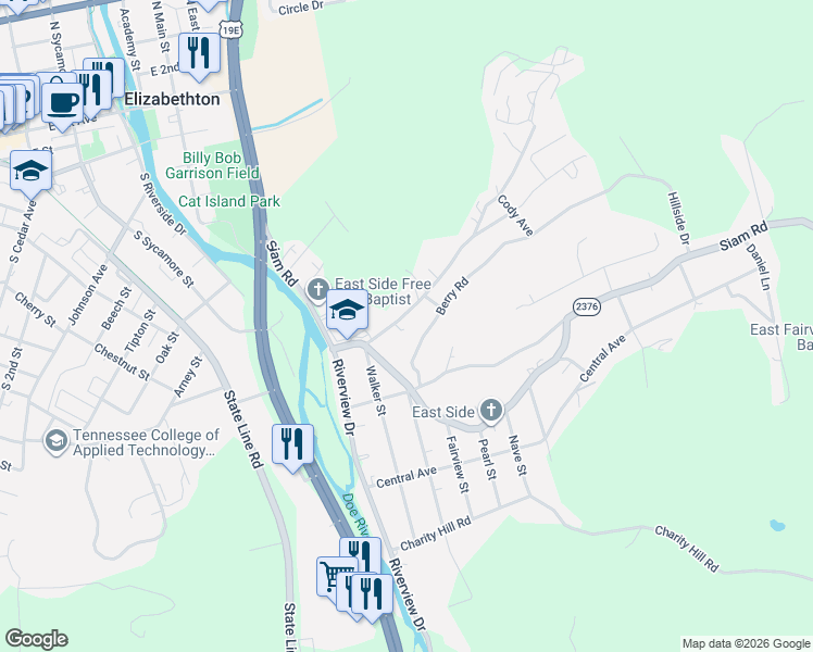 map of restaurants, bars, coffee shops, grocery stores, and more near 1021 Bluefield Avenue in Elizabethton