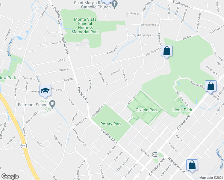 map of restaurants, bars, coffee shops, grocery stores, and more near 1309 Woodland Avenue in Johnson City