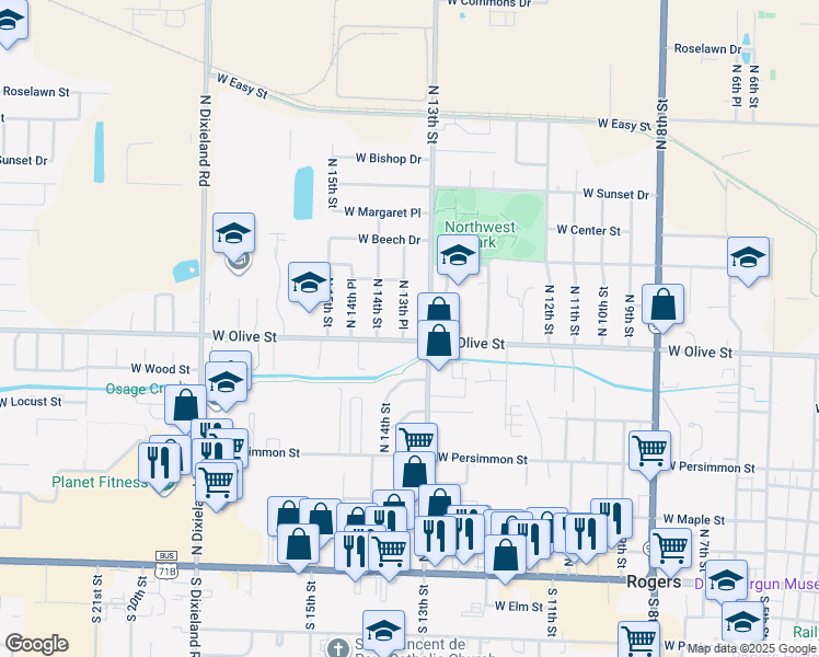 map of restaurants, bars, coffee shops, grocery stores, and more near 809 North 13th Place in Rogers