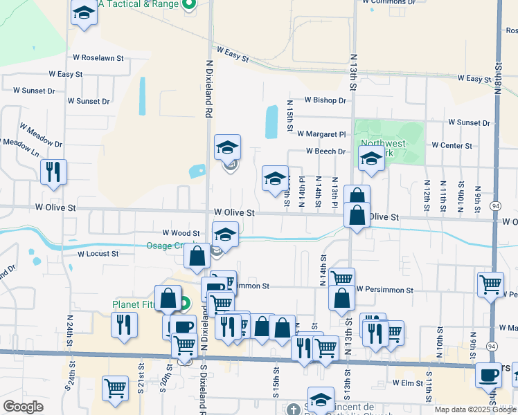 map of restaurants, bars, coffee shops, grocery stores, and more near 843 North 16th Street in Rogers