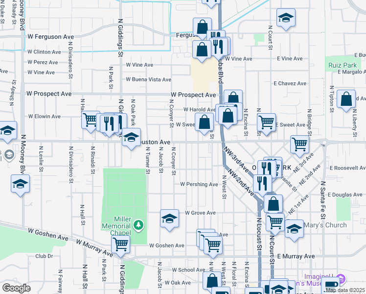 map of restaurants, bars, coffee shops, grocery stores, and more near 726 West Houston Avenue in Visalia