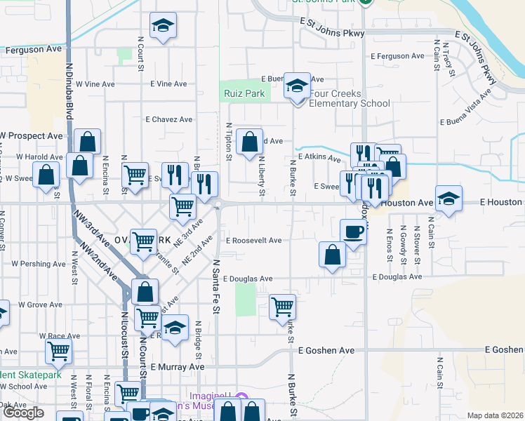 map of restaurants, bars, coffee shops, grocery stores, and more near 746 East Houston Avenue in Visalia