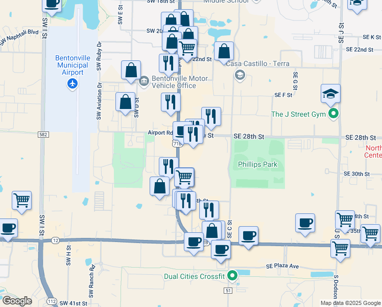 map of restaurants, bars, coffee shops, grocery stores, and more near 2905 South Walton Boulevard in Bentonville