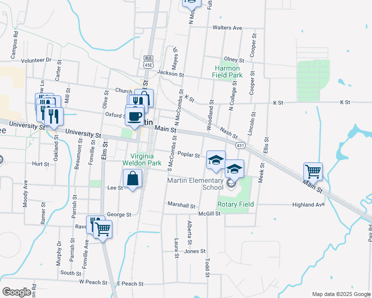 map of restaurants, bars, coffee shops, grocery stores, and more near 212 Poplar Street in Martin