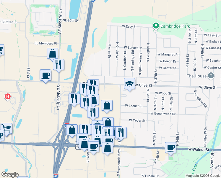 map of restaurants, bars, coffee shops, grocery stores, and more near 4007 West Olive Street in Rogers