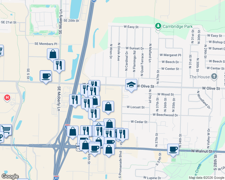 map of restaurants, bars, coffee shops, grocery stores, and more near 4007 West Olive Street in Rogers
