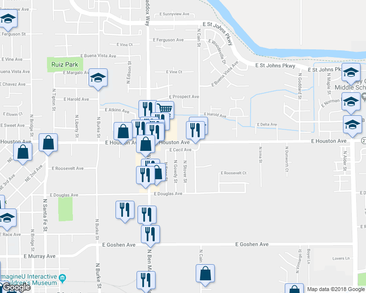 map of restaurants, bars, coffee shops, grocery stores, and more near 1538 East Cecil Avenue in Visalia