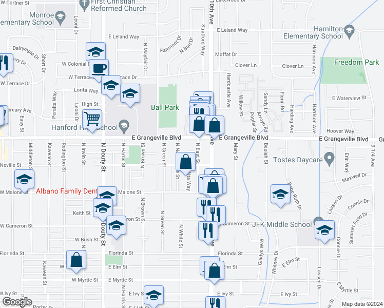 map of restaurants, bars, coffee shops, grocery stores, and more near 509 East Water Street in Hanford
