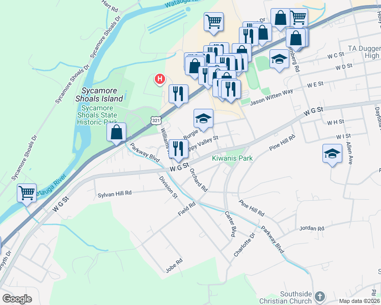 map of restaurants, bars, coffee shops, grocery stores, and more near 1322 Happy Valley Street in Elizabethton