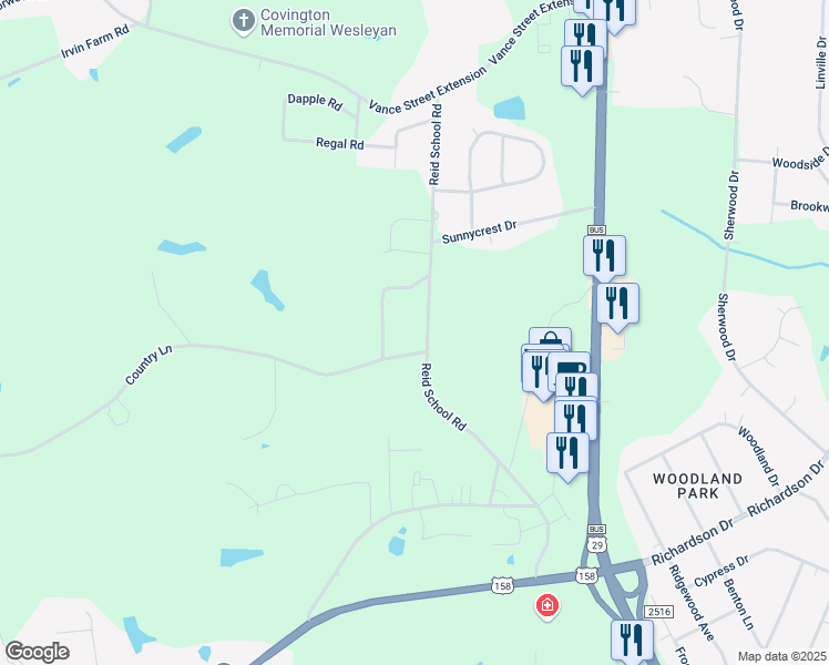 map of restaurants, bars, coffee shops, grocery stores, and more near 2616 Reid School Road in Reidsville
