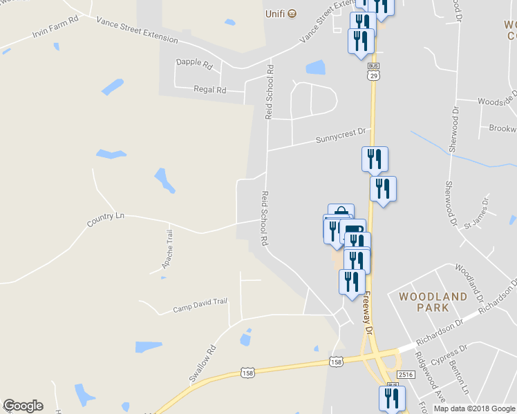 map of restaurants, bars, coffee shops, grocery stores, and more near 2616 Reid School Road in Reidsville